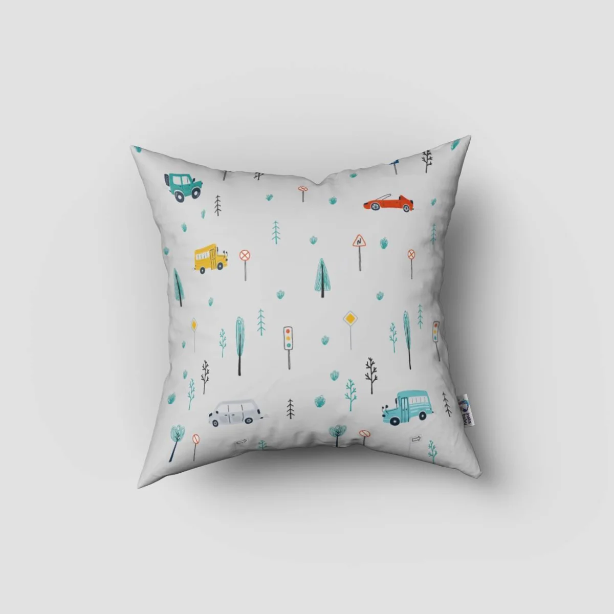 Araçlar Kırlent Kılıfı | Beyaz yollar, arabalar Desenli