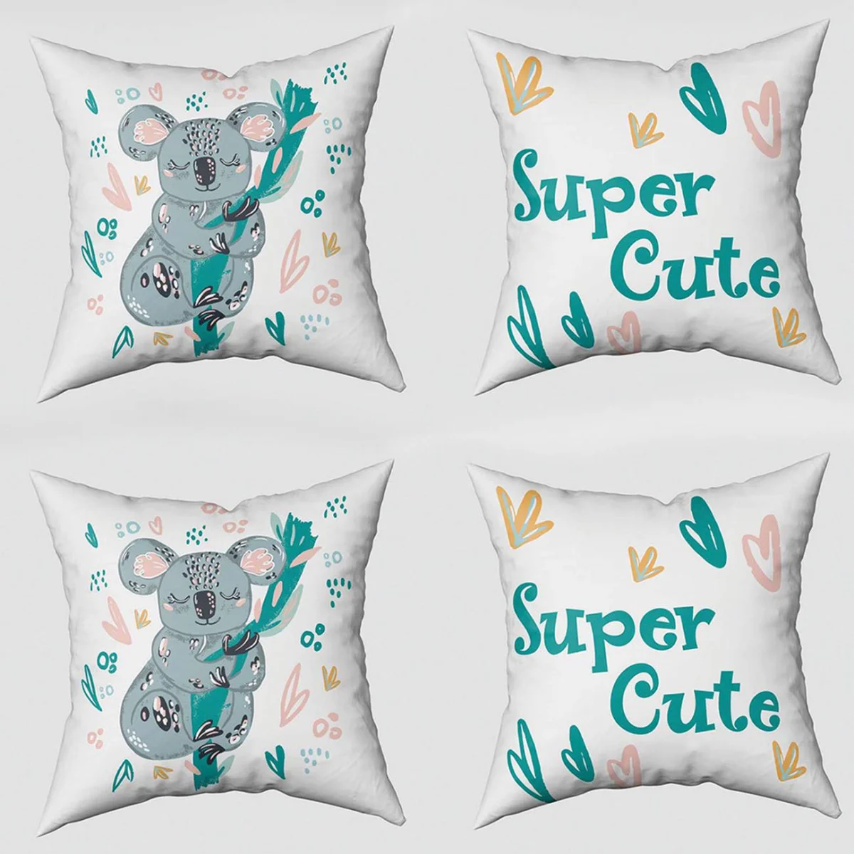 Koala 4lü Kırlent | Beyaz yaprak, kalp Desenli