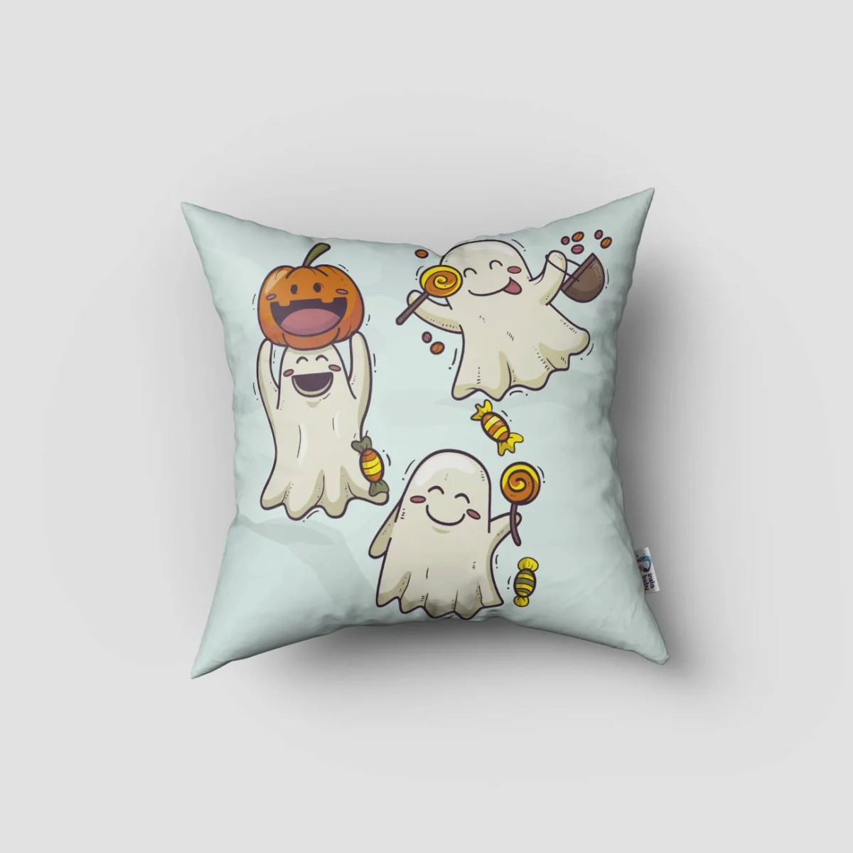 Kedi ve Hayaletler Kırlent Kılıfı | Açık Mavi Kedi, hayaletler Desenli