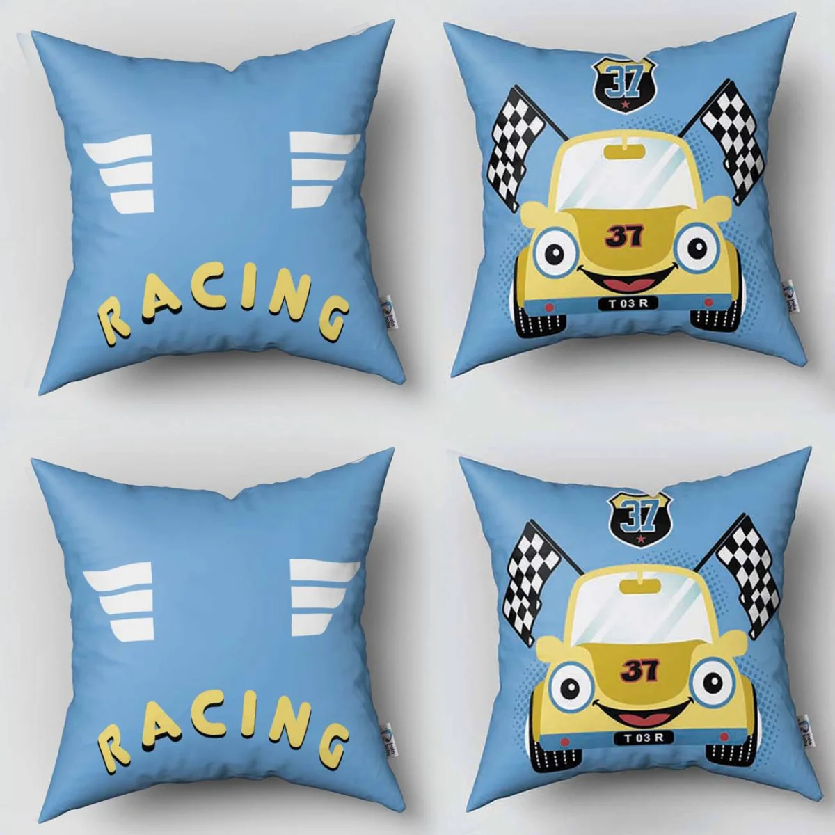 Yarış Arabası 4lü Kırlent | Mavi yarış bayrakları, kanatlı yazı Desenli