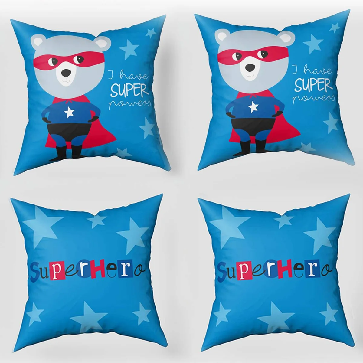 Süper Kahraman Ayı 4lü Kırlent | Mavi yıldızlar, Süper Kahraman yazısı Desenli