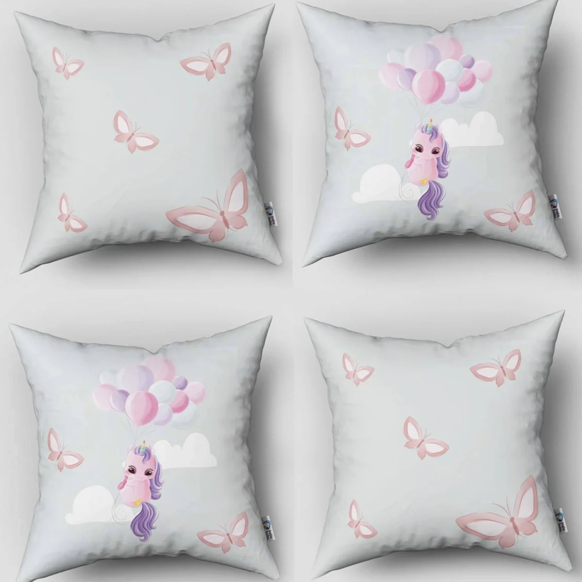 Unicorn 4lü Kırlent | Açık mavi balon, bulut Desenli