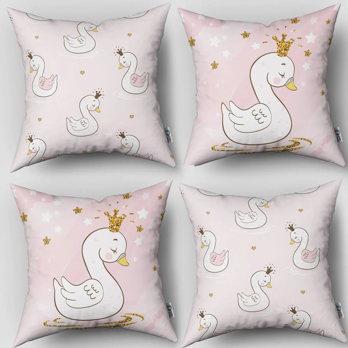 Kuğu 4lü Kırlent | Lila Taçlı kuğu, yıldızlar Desenli