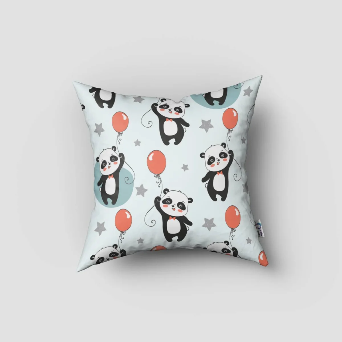 Panda Kırlent Kılıfı | Açık Mavi balon, yıldız Desenli