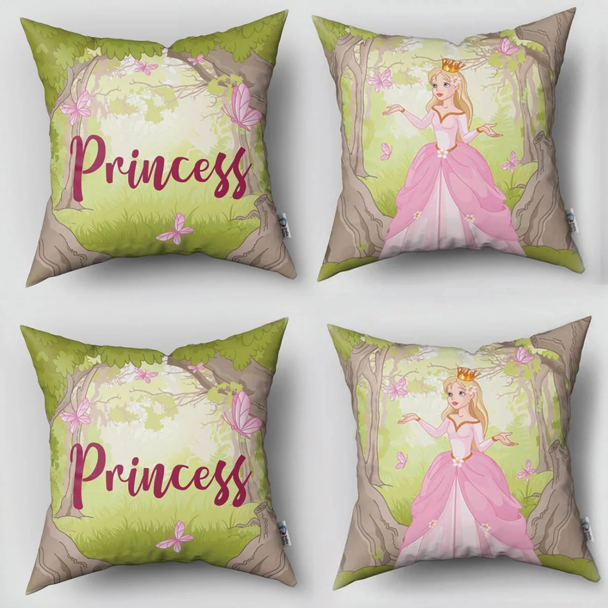 Prenses 4lü Kırlent | Yeşil Kelebekler, ağaçlar Desenli