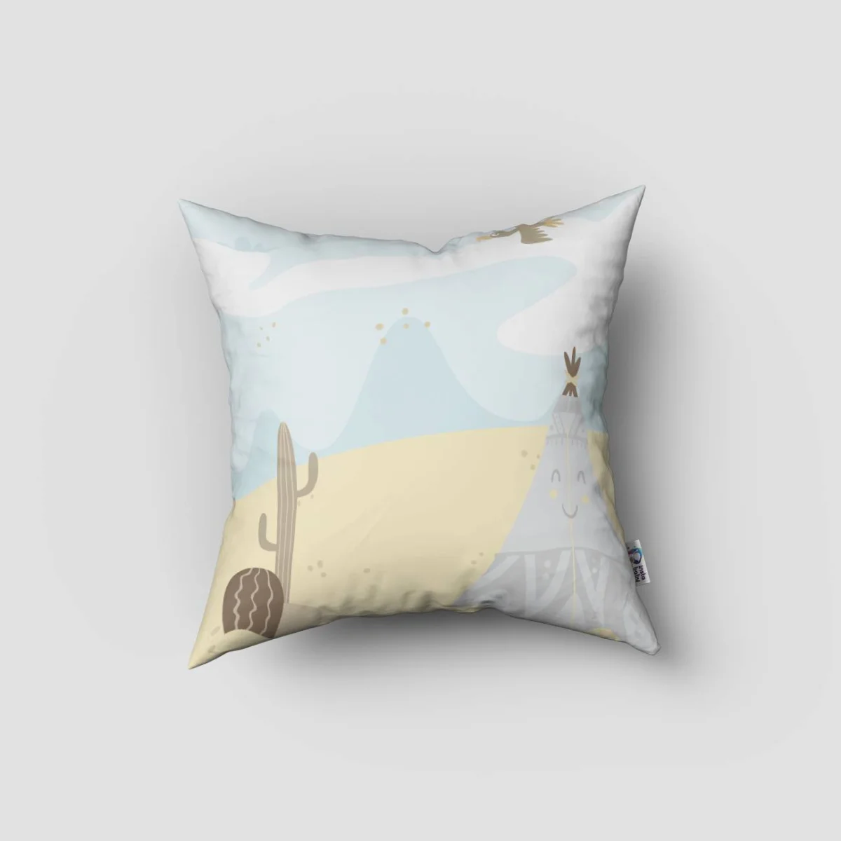 Kızılderili Çadır ve Kaktüsler Kırlent Kılıfı | Mavi Gülümseyen güneş, bulutlar Desenli