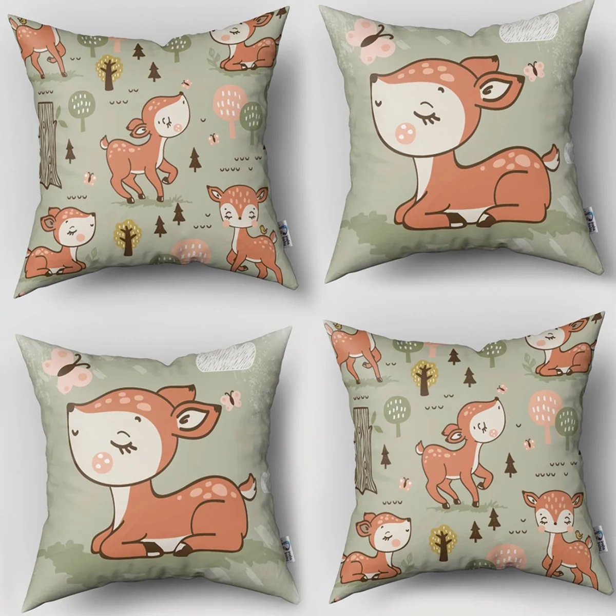 Orman Hayvanları 4lü Kırlent | Yeşil kelebekler, bulutlar Desenli