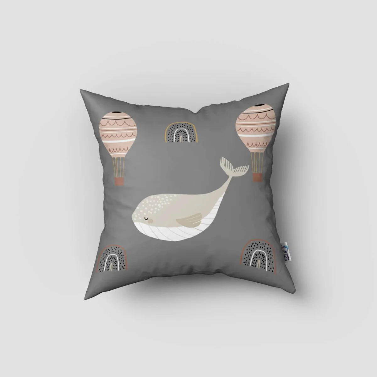 Balina ve Sıcak Hava Balonu Kırlent Kılıfı | Gri gökkuşağı, sıcak hava balonu Desenli