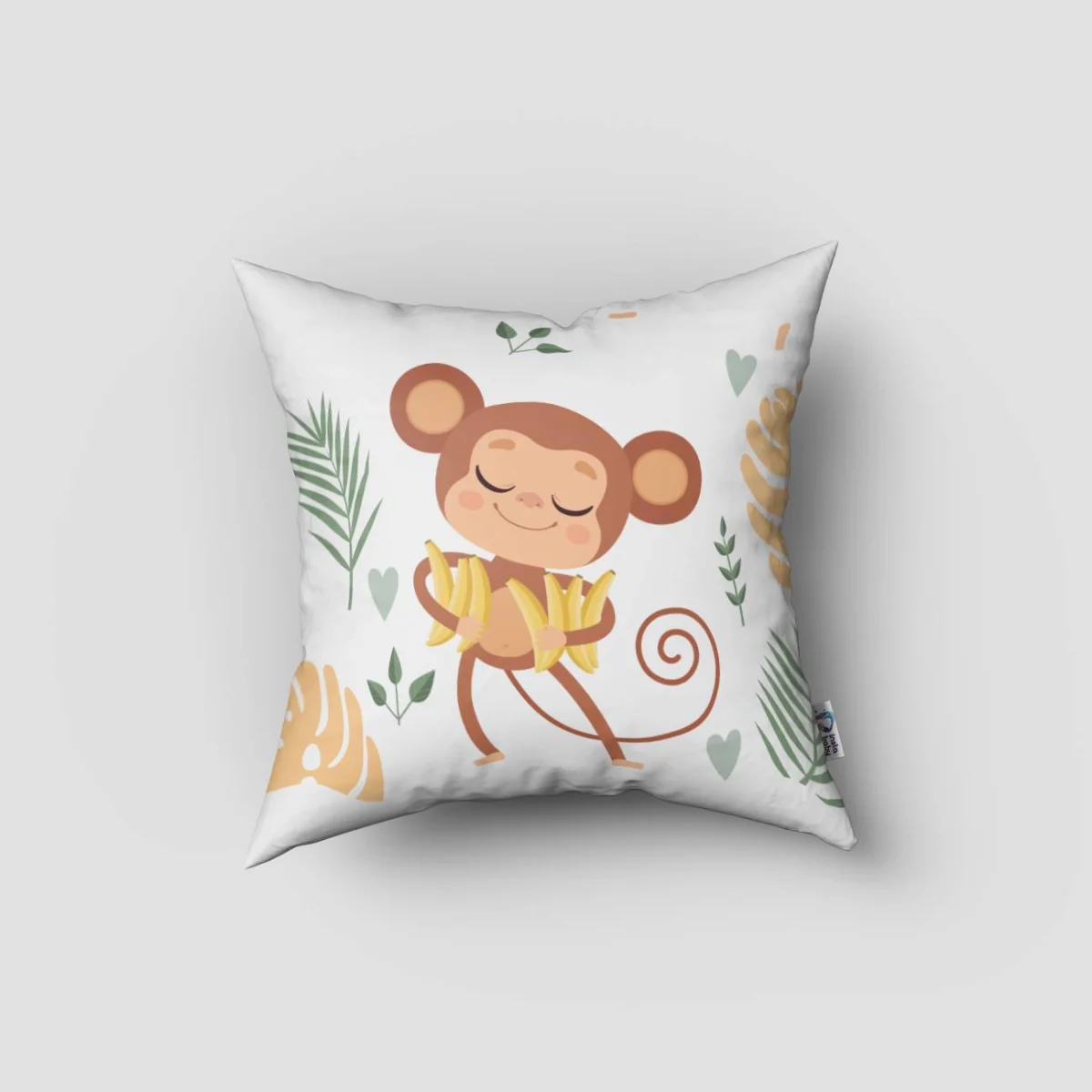 Maymunlar Kırlent Kılıfı | Beyaz tropikal yapraklar, muzlar Desenli