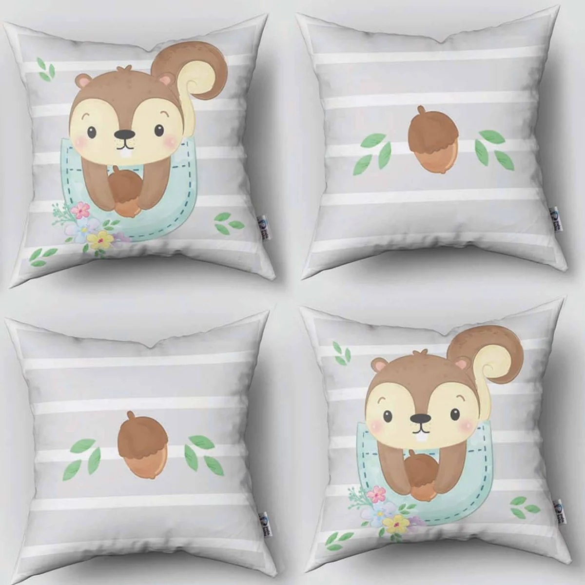 Orman Hayvanları 4lü Kırlent | Mavi yapraklar, çiçekler Desenli