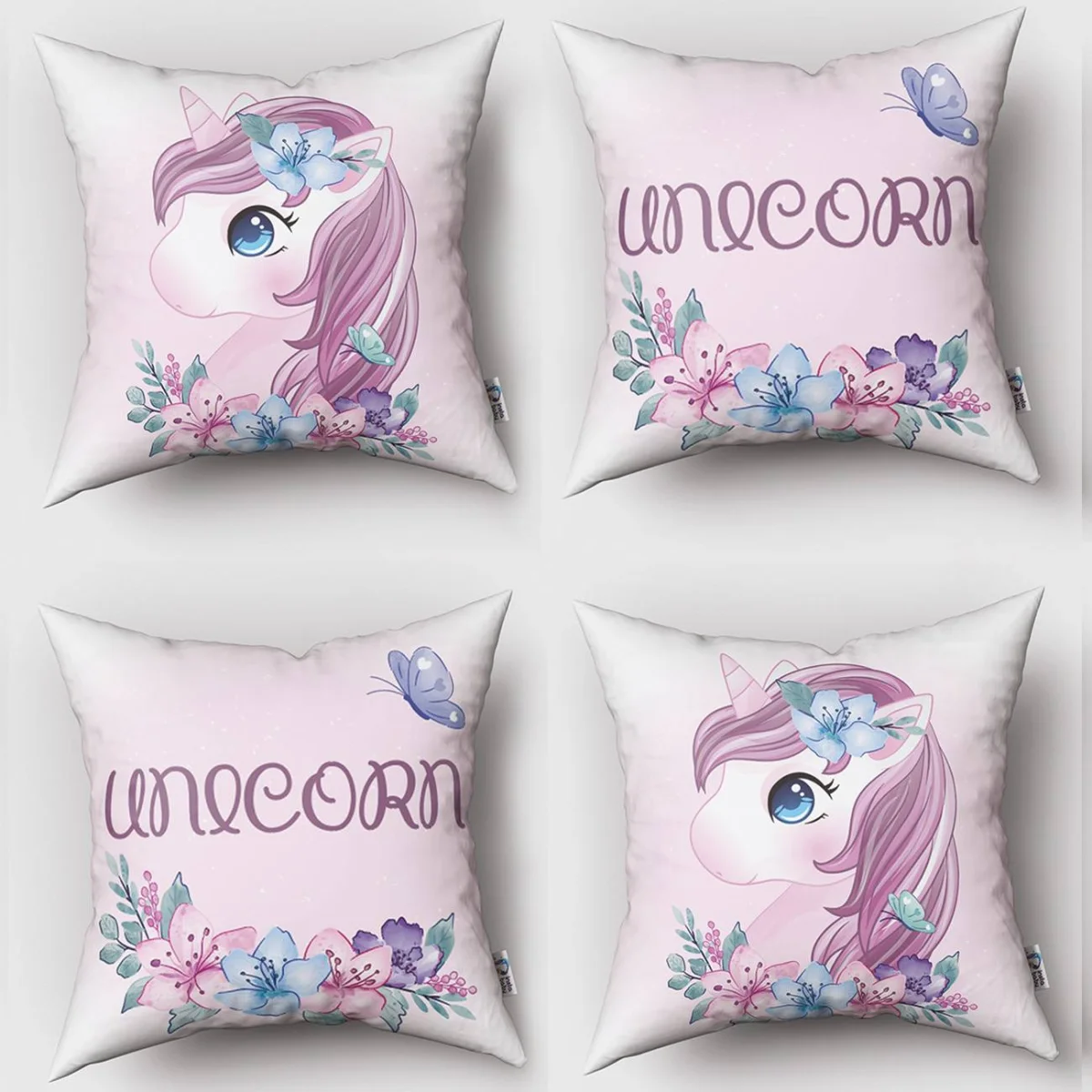 Unicorn 4lü Kırlent | Pembe çiçekler, kelebekler Desenli
