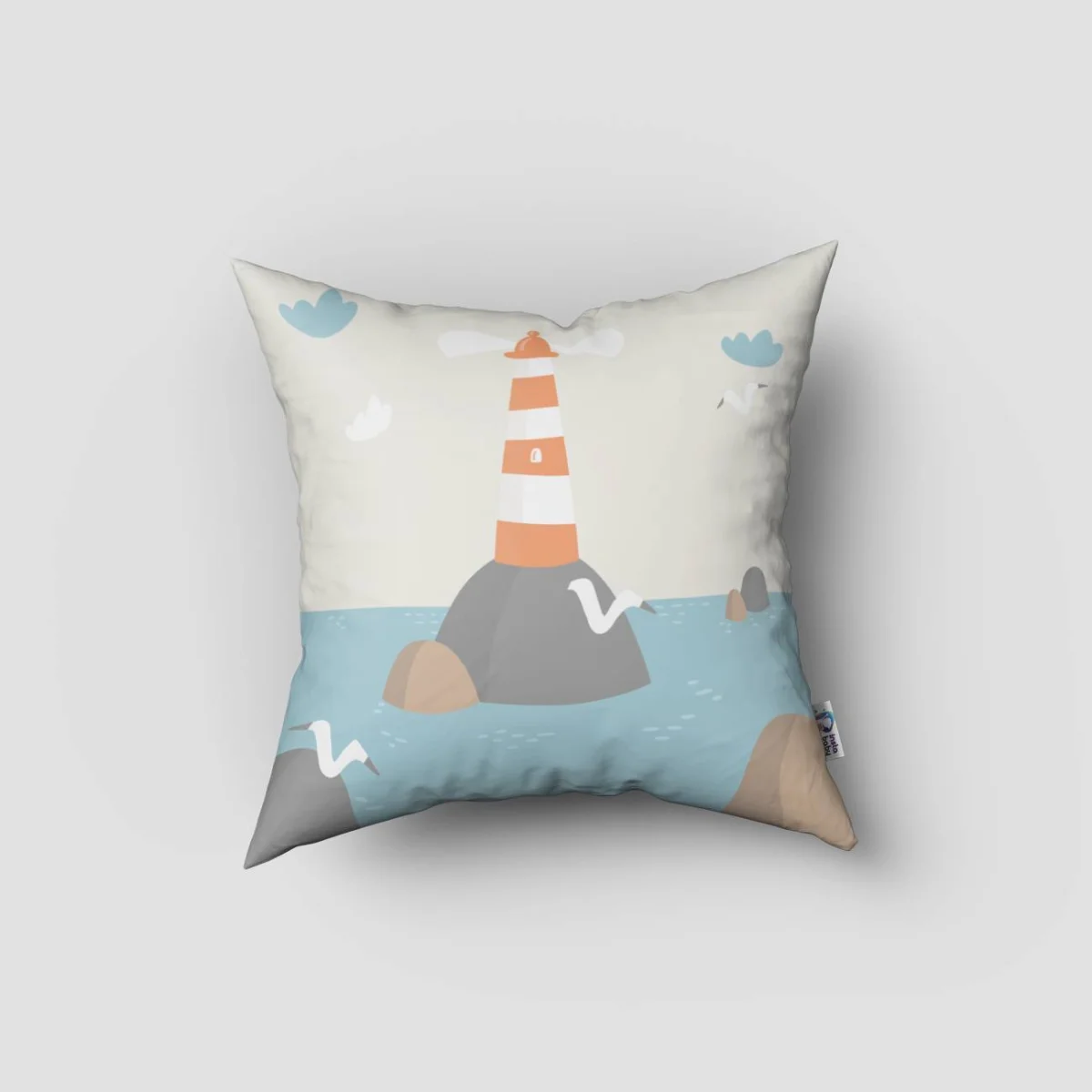 Denizcilik / Deniz kenarı Kırlent Kılıfı | Krem deniz feneri, gemi Desenli