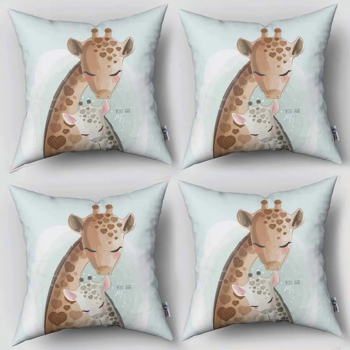 Zürafa 4lü Kırlent | Mavi kalp lekeler, bulutlar Desenli