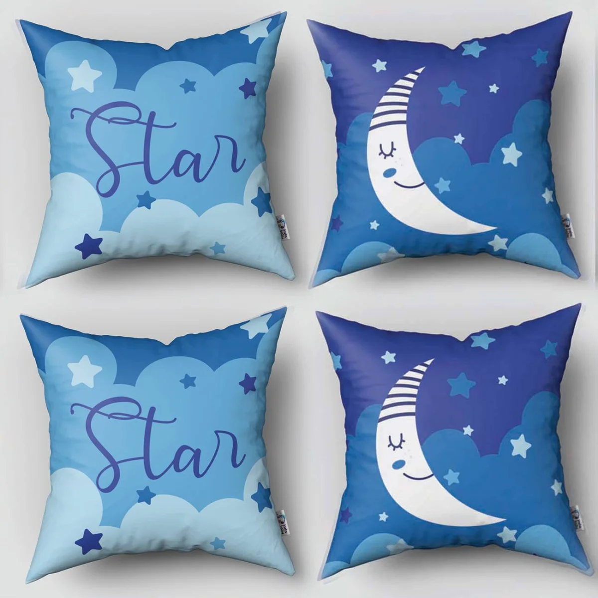 Ay ve Yıldızlar 4lü Kırlent | Mavi Yıldız, bulut Desenli