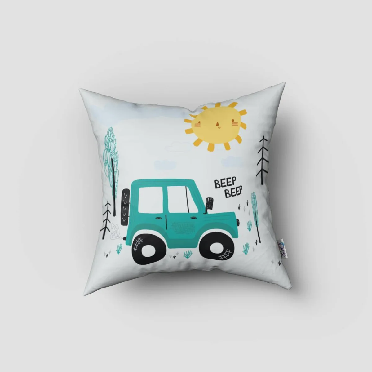 Araç Kırlent Kılıfı | Beyaz güneş, ağaçlar Desenli