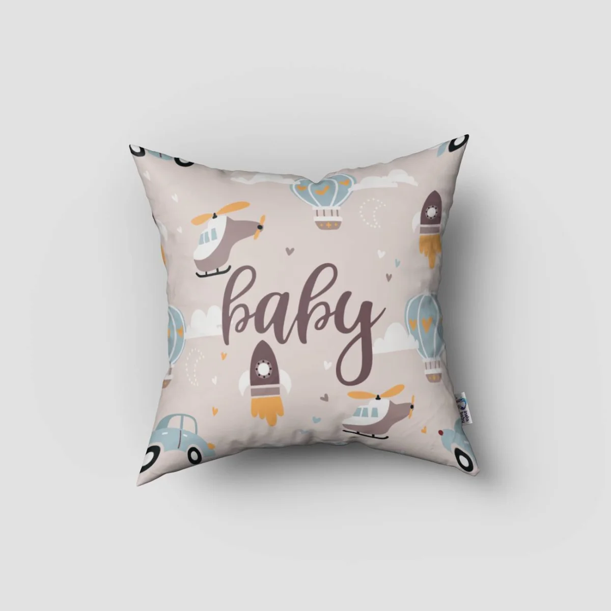 Ulaşım Araçları Kırlent Kılıfı | Bej roket, helikopter Desenli