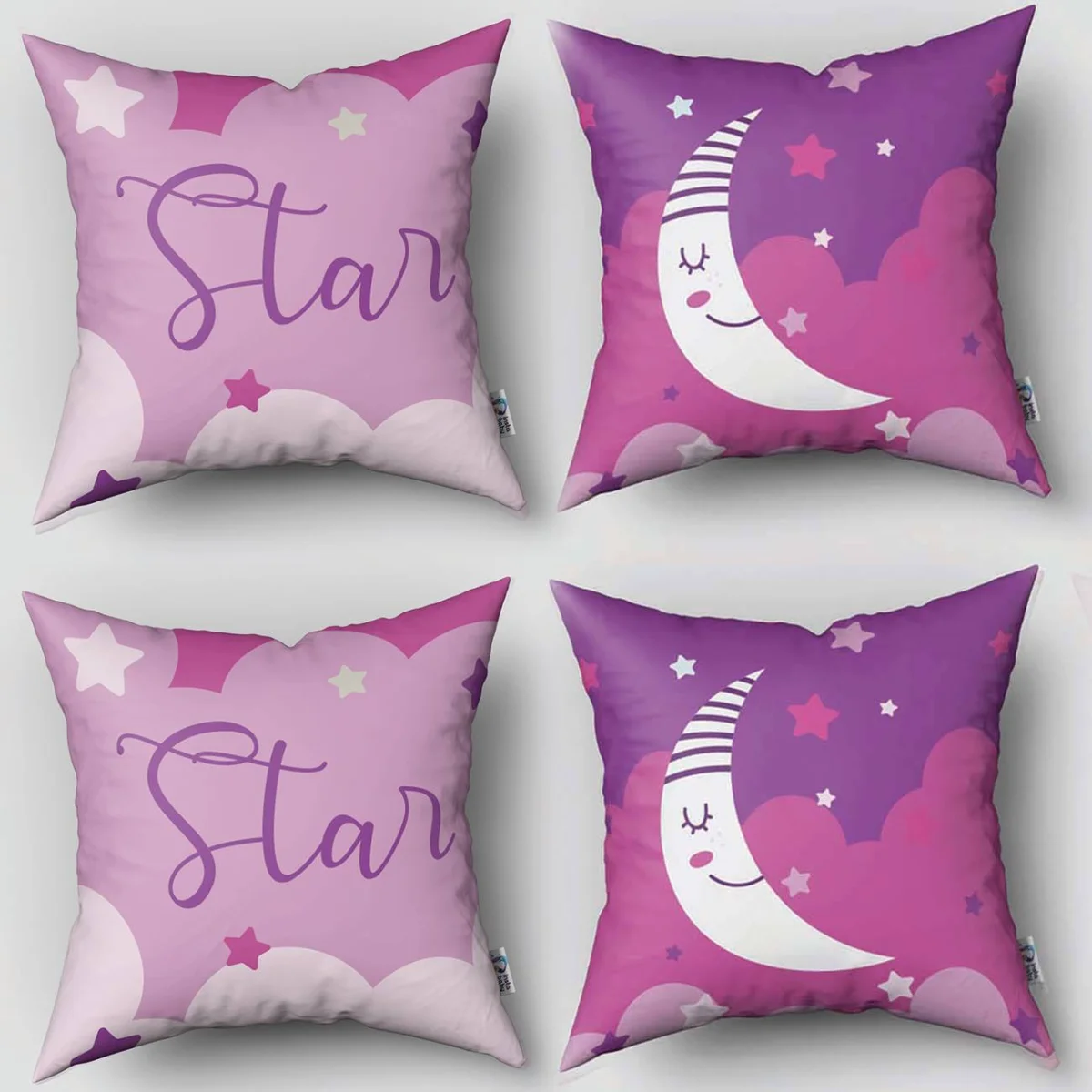 Ay ve Yıldızlar 4lü Kırlent | Pembe uyuyan ay, yıldızlar Desenli