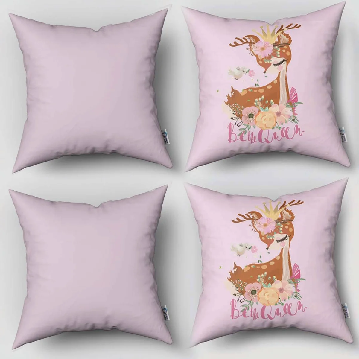 Taçlı Geyik 4lü Kırlent | Pembe Taç, çiçekler Desenli