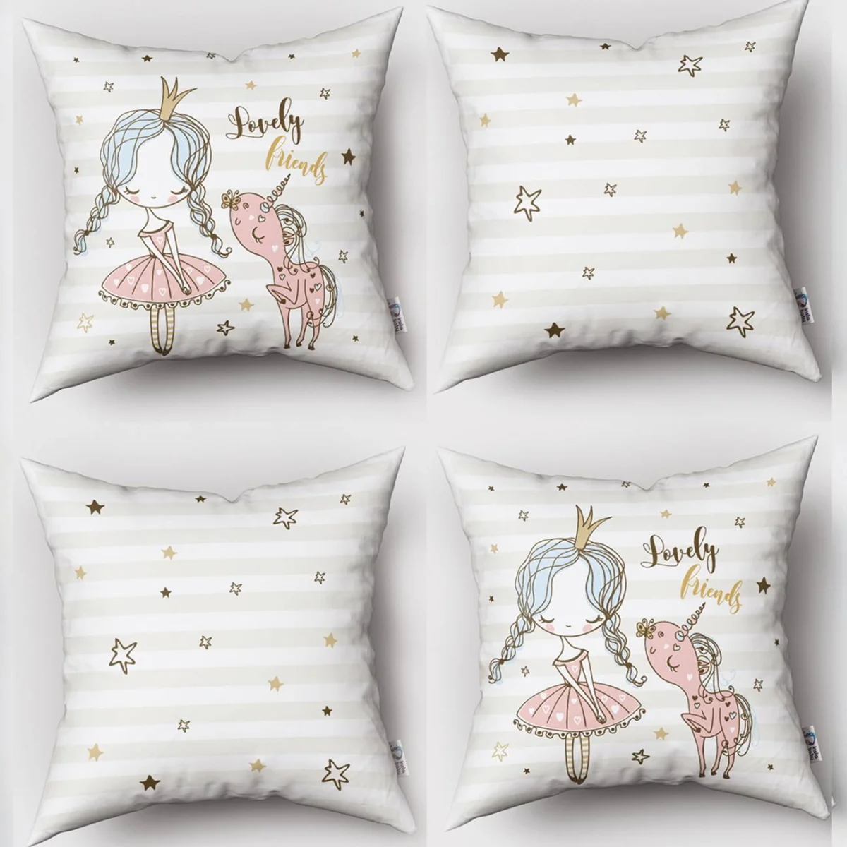 Prenses ve Unicorn 4lü Kırlent | Beyaz yıldız, çizgili zemin Desenli