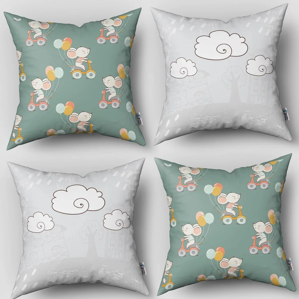 Fare, Scooter, Balonlar 4lü Kırlent | Açık Gri bulut, balonlar Desenli