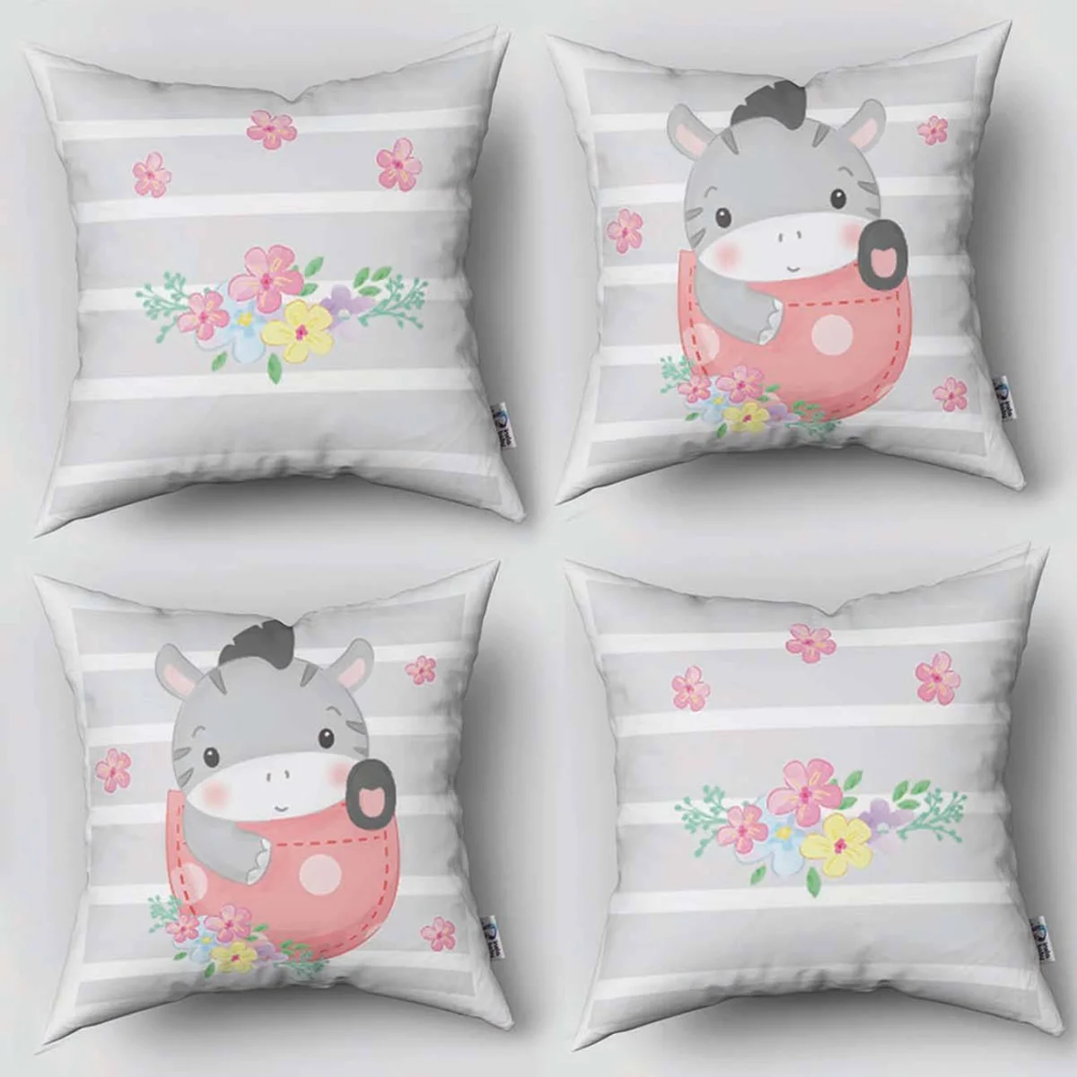 Zebra 4lü Kırlent | Gri Çizgili zemin, renkli çiçekler Desenli