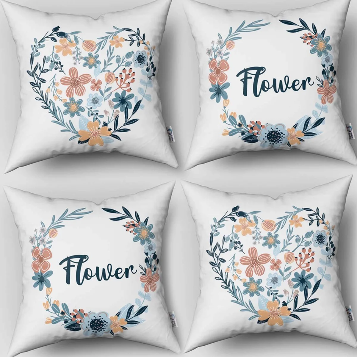 Çiçekler 4lü Kırlent | Beyaz çiçek çelenkleri, yapraklar Desenli