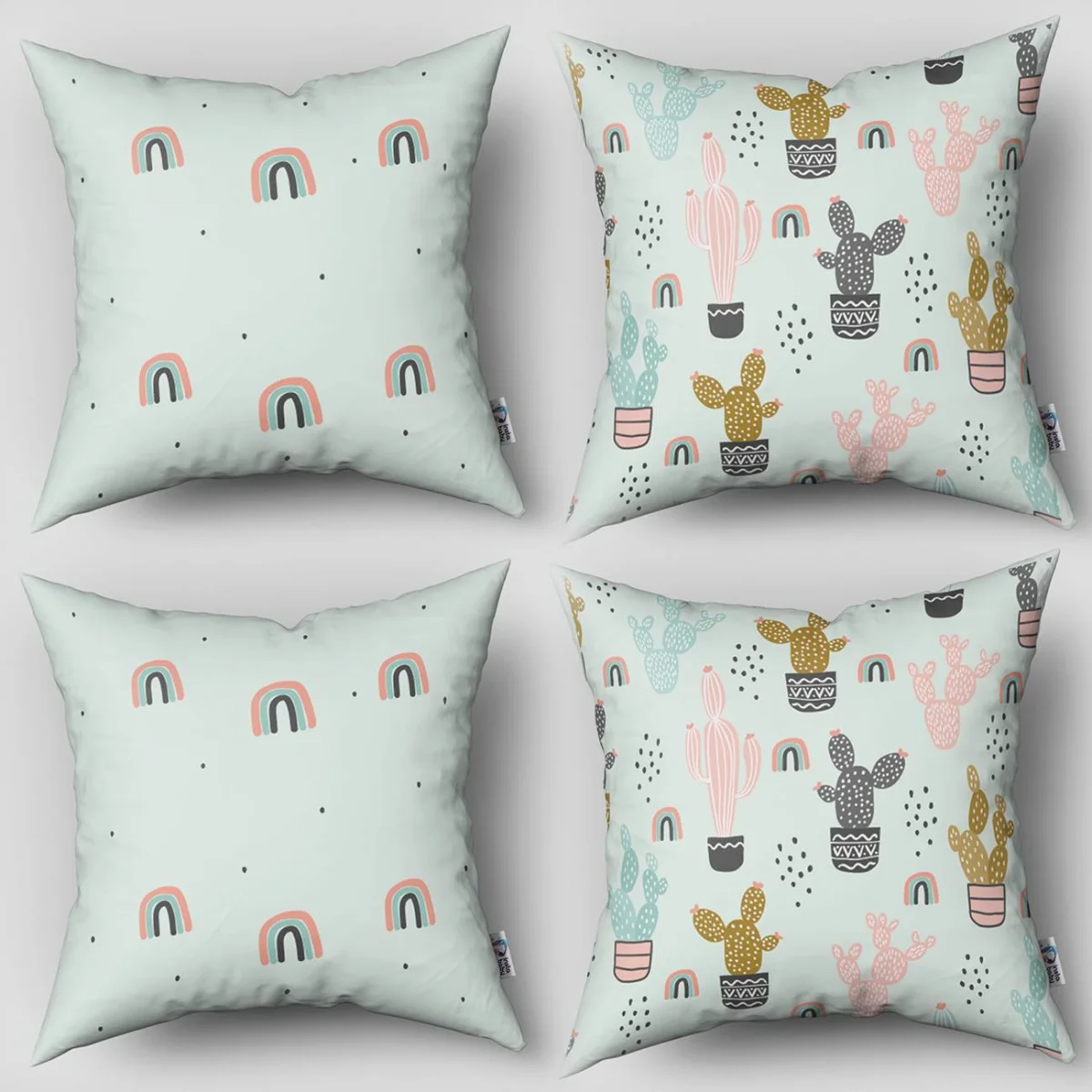 Lama 4lü Kırlent | Açık Mavi Gökkuşağı, bulutlar Desenli