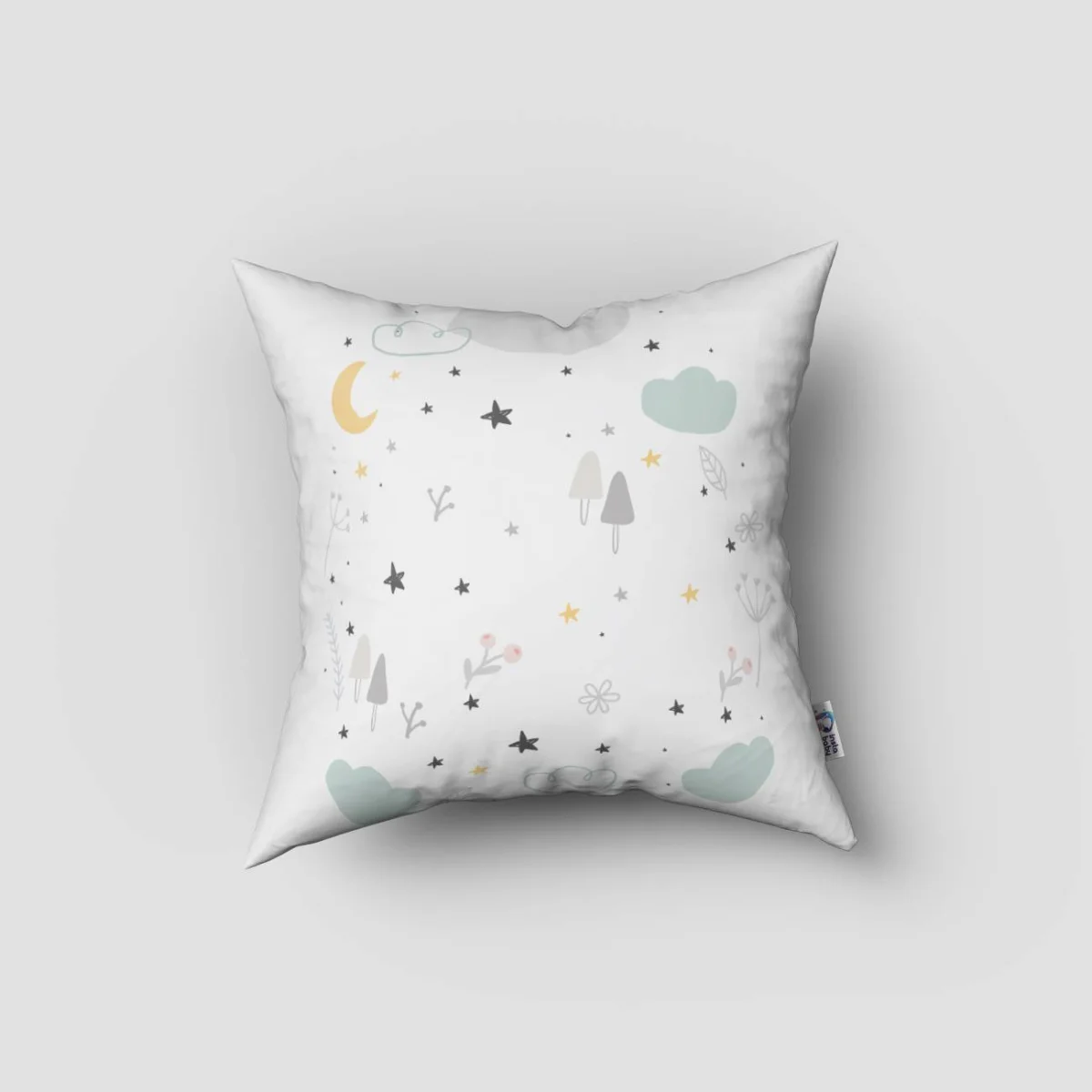 Uyuyan Ayı Kırlent Kılıfı | Beyaz Ay, yıldızlar Desenli