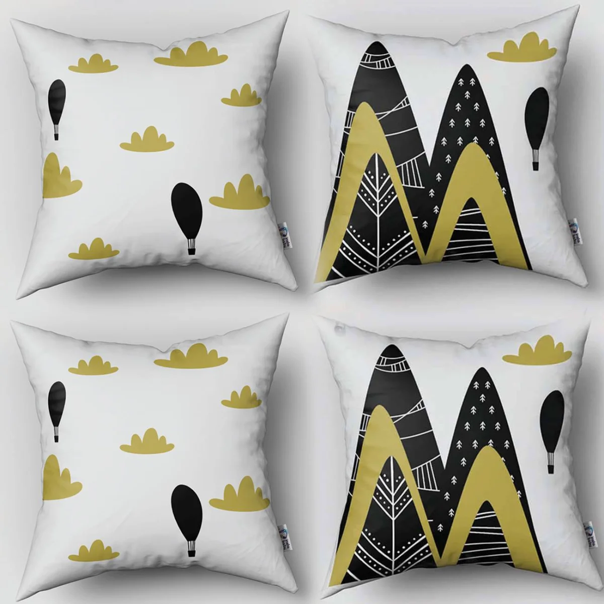 Dağ Manzarası ve Balonlar 4lü Kırlent | Beyaz Balonlar, bulutlar Desenli