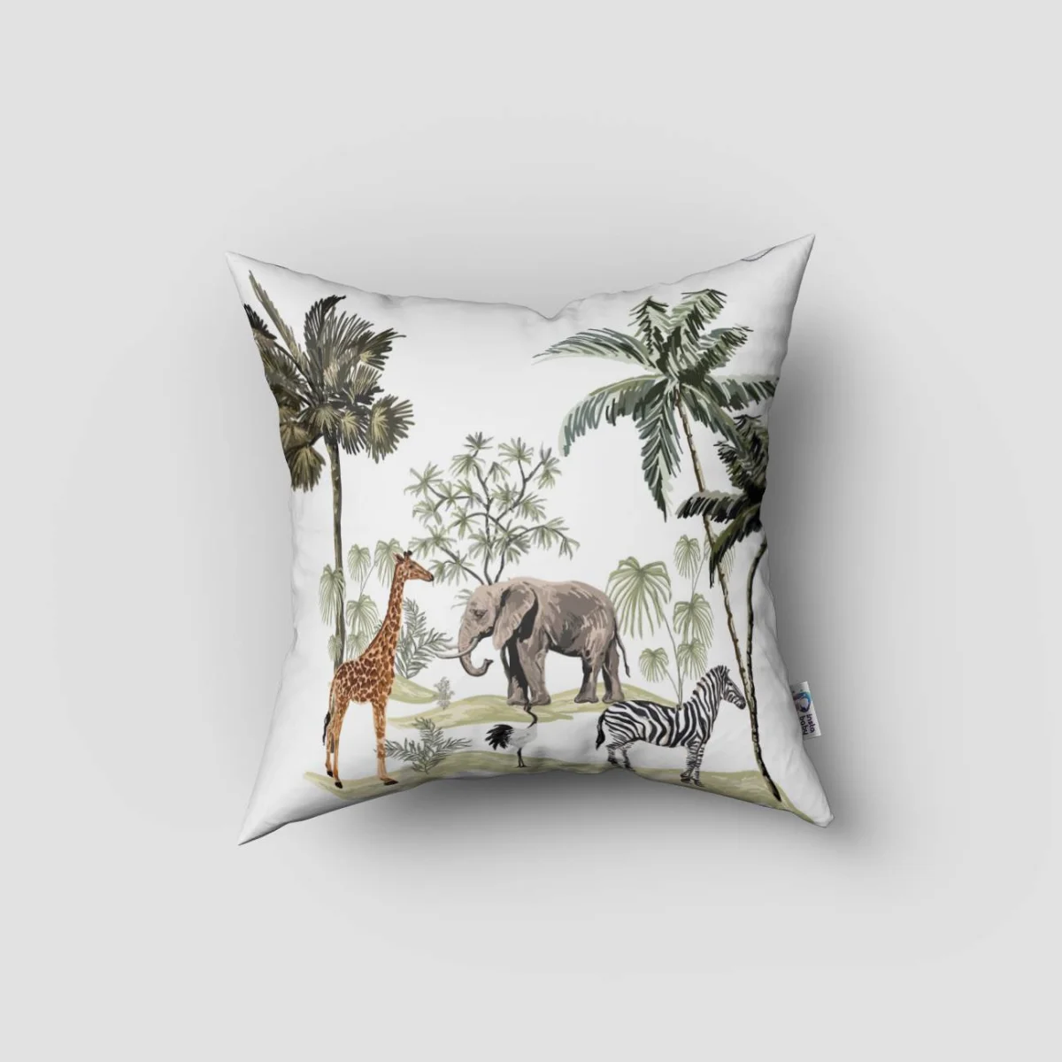 Safari Hayvanları Kırlent Kılıfı | Beyaz palmiye ağaçları, yeşil bitkiler Desenli