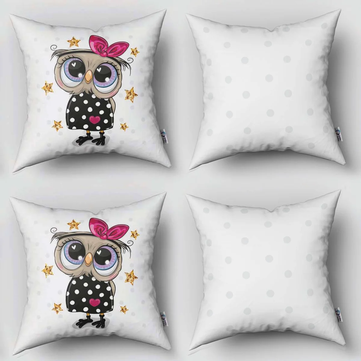 Sevimli Baykuş 4lü Kırlent | Beyaz yıldız, puantiye Desenli