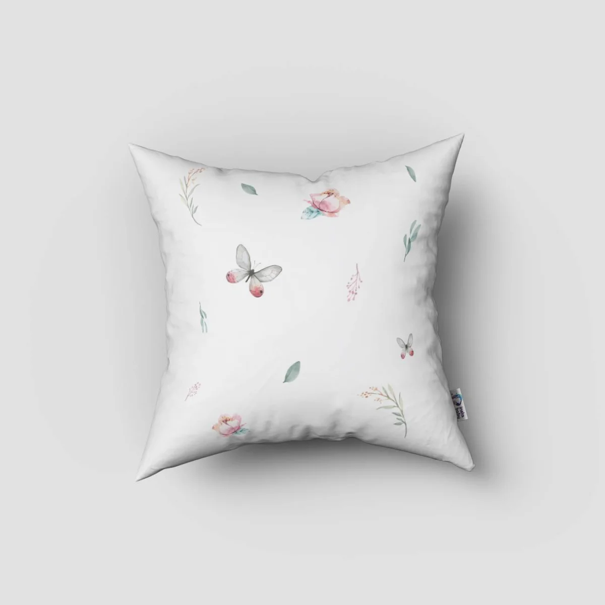 Çiçek ve kelebekler Kırlent Kılıfı | Beyaz Pembe çiçek, yaprak Desenli