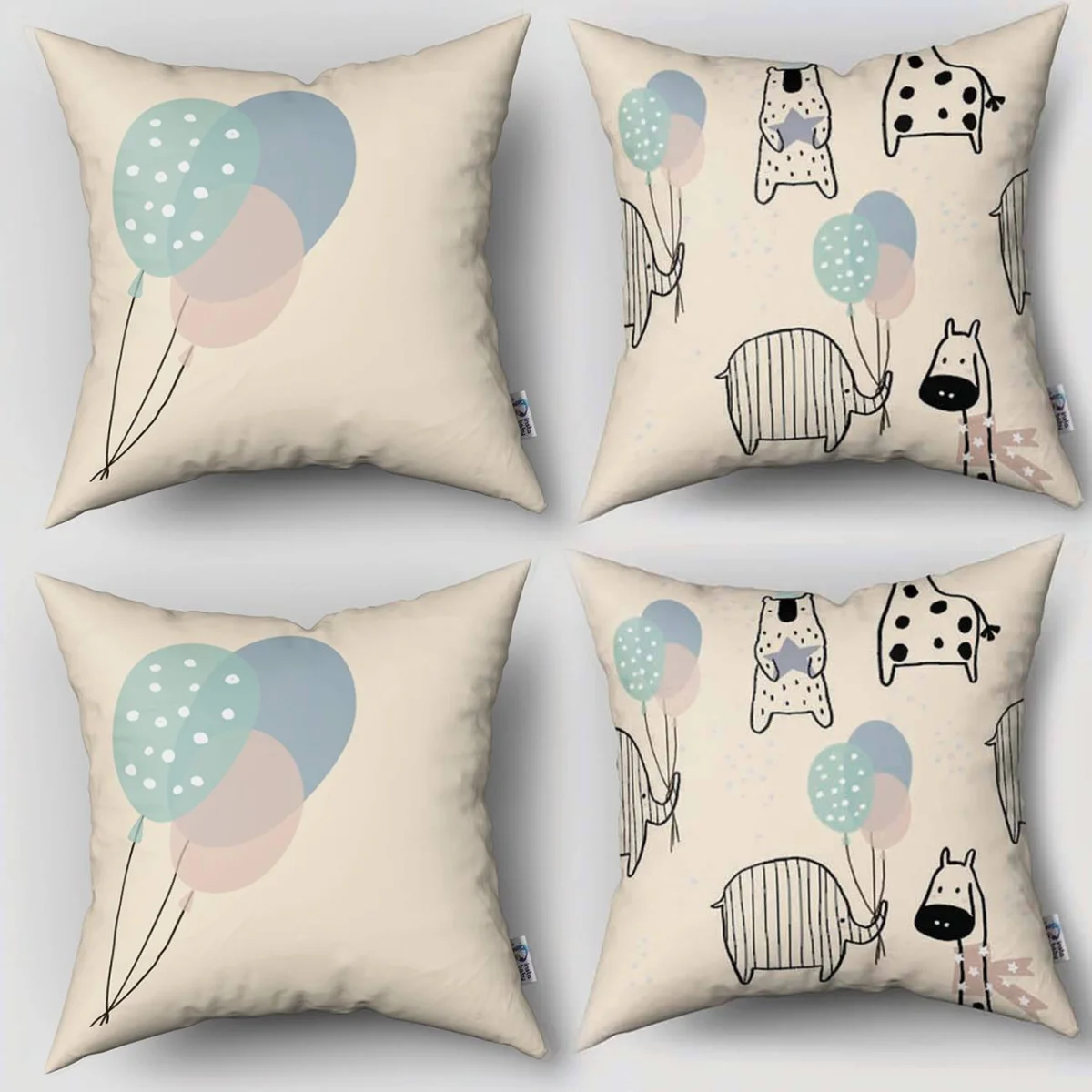 Orman Hayvanları 4lü Kırlent | Bej balonlar, parti şapkaları Desenli