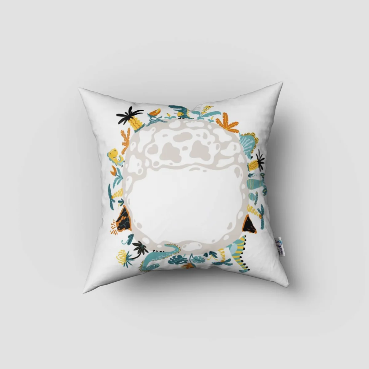 Dinozor Dünyası Kırlent Kılıfı | Beyaz Bulutlar, volkanlar Desenli