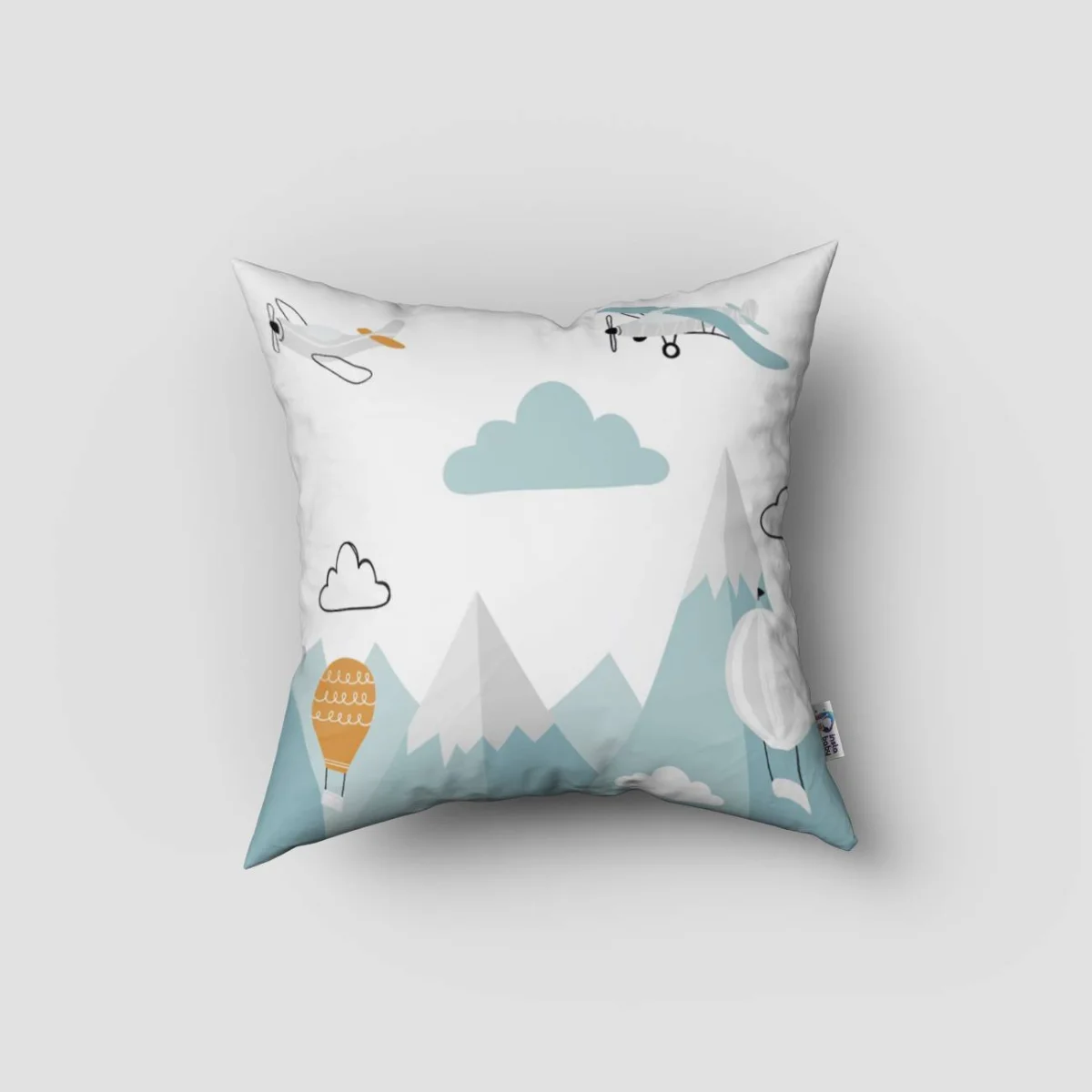 Uçaklar ve Balonlar Kırlent Kılıfı | Beyaz uçak, sıcak hava balonları Desenli