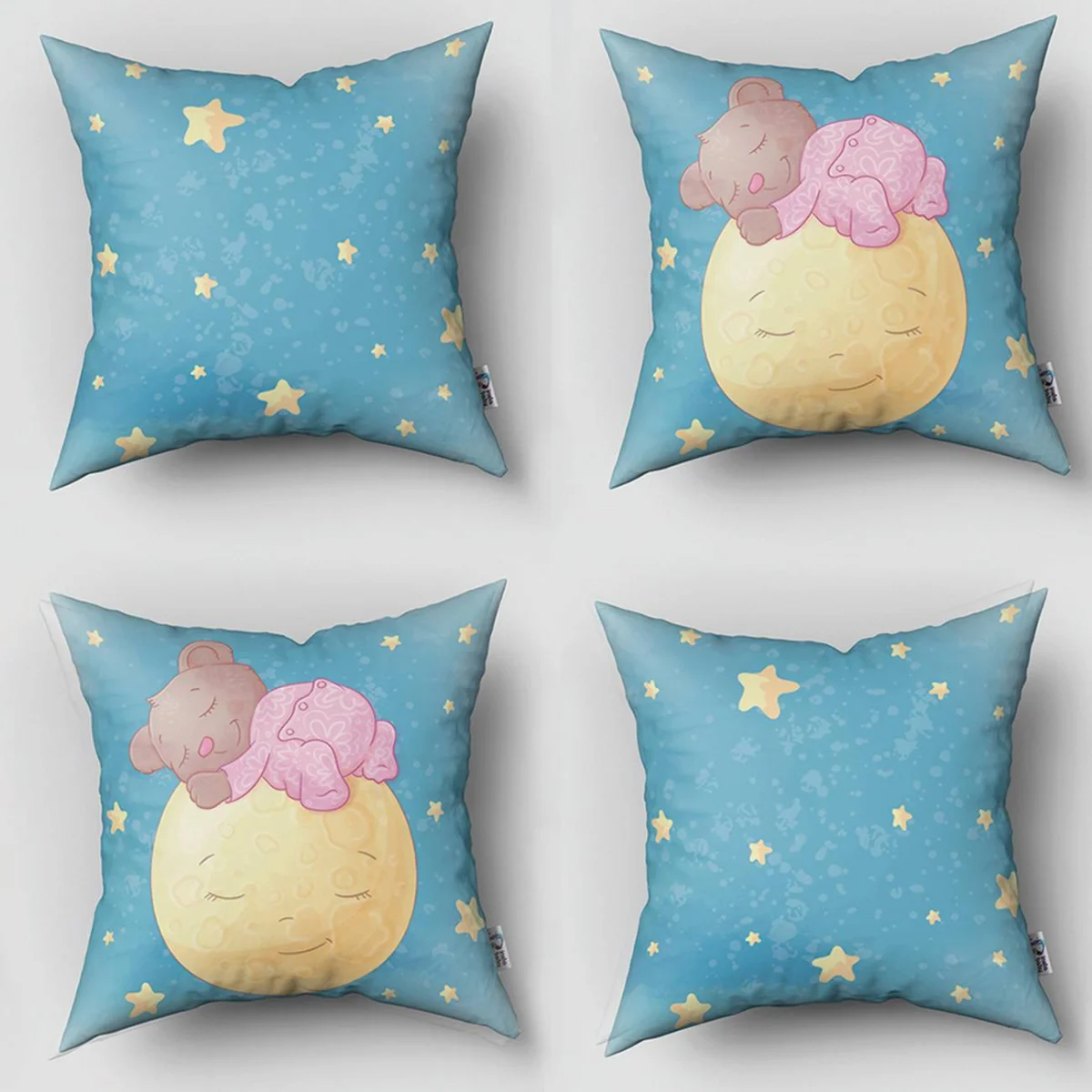 Ayı ve Ay 4lü Kırlent | Mavi yıldızlar, uyuyan ayılar Desenli