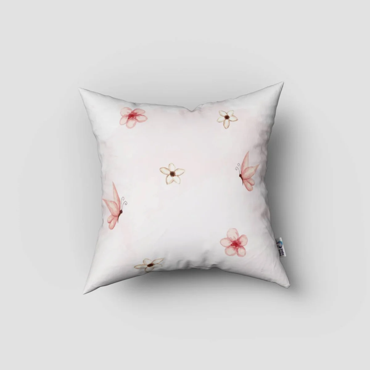 Tavşan ve Çiçekler Kırlent Kılıfı | Beyaz Kelebek, balon Desenli