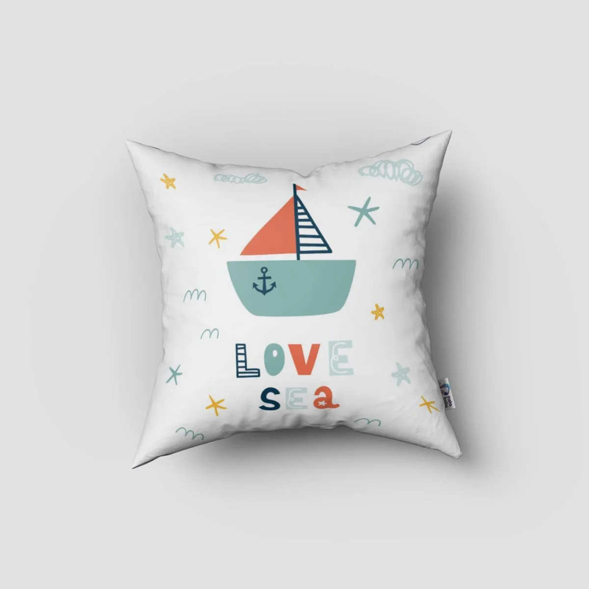 Ahtapot Kırlent Kılıfı | Beyaz yelkenli, deniz yıldızı Desenli