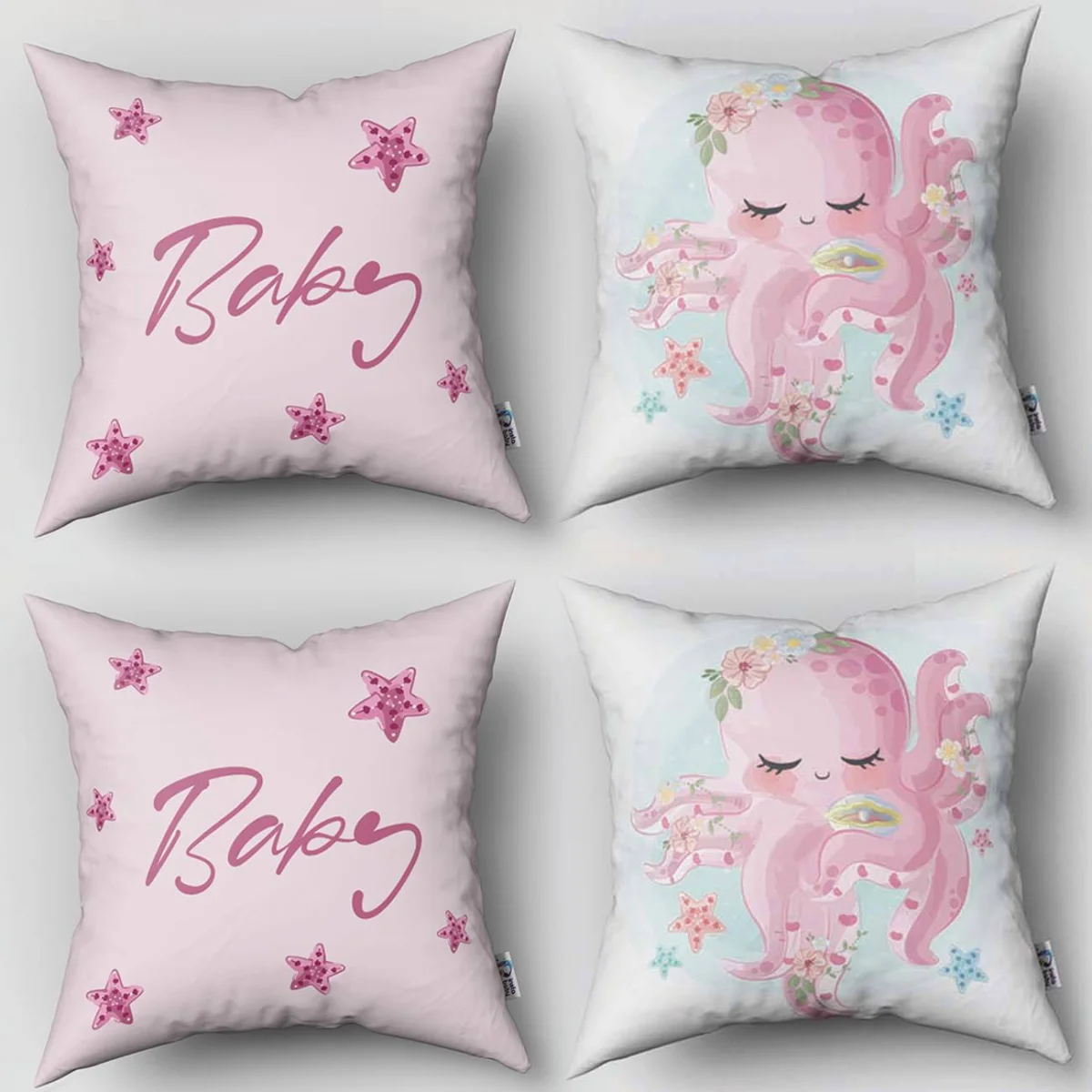 Ahtapot 4lü Kırlent | Beyaz yıldız, çiçek Desenli