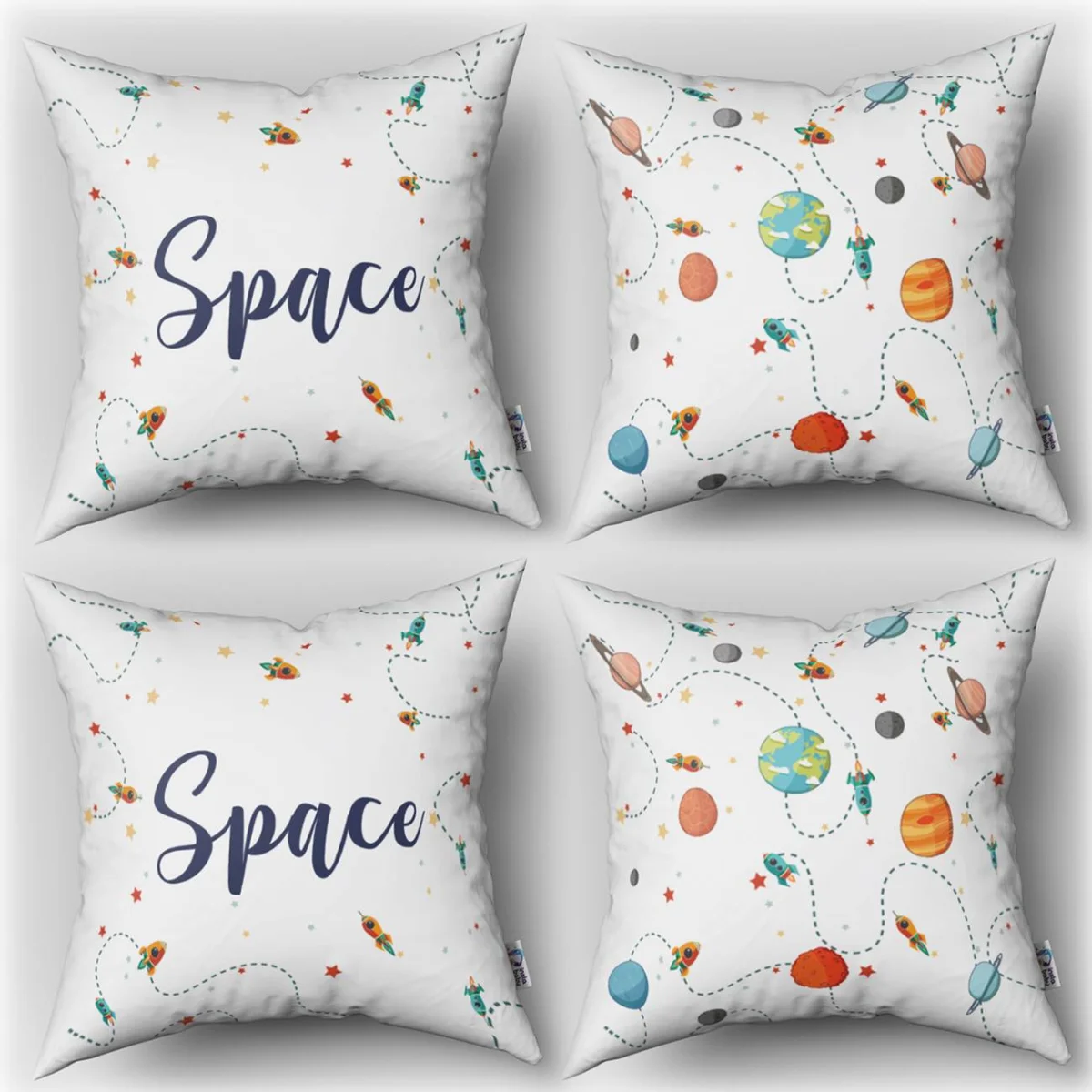 Uzay 4lü Kırlent | Beyaz roketler, gezegenler Desenli