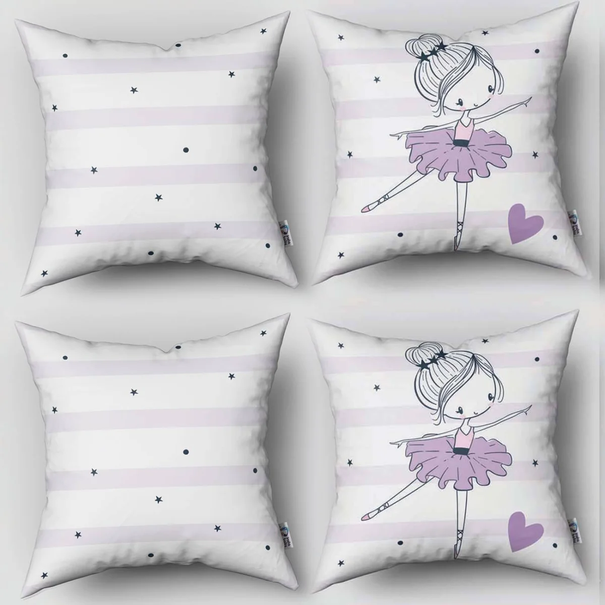 Balerin 4lü Kırlent | Beyaz yıldızlar, kalpler Desenli