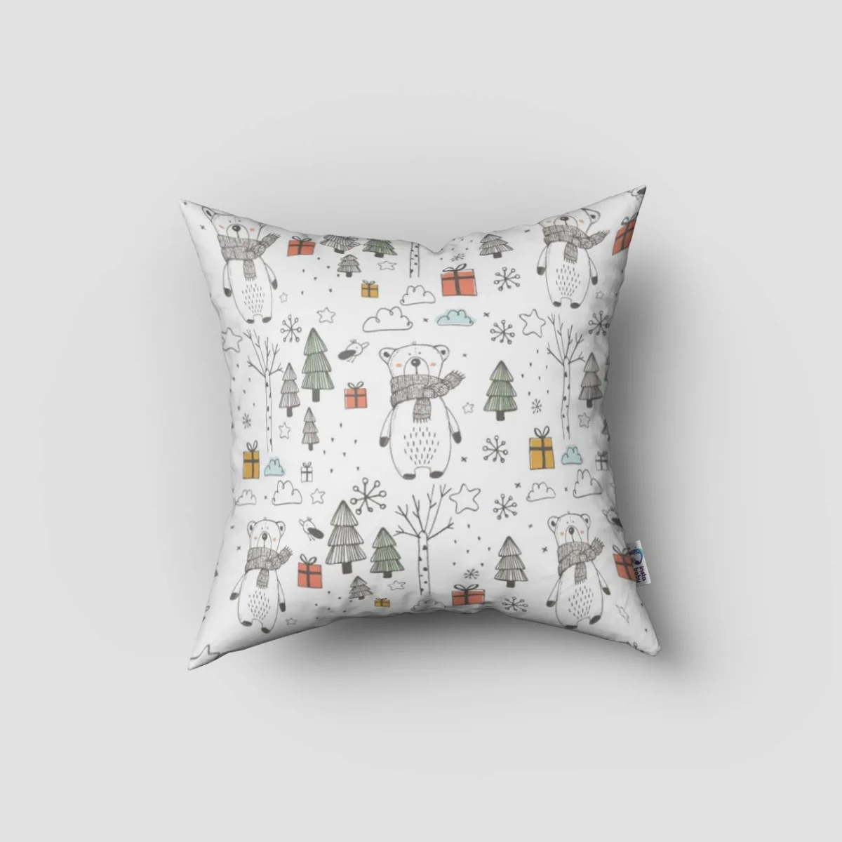 Kutup Ayısı Kırlent Kılıfı | Beyaz çam ağaçları, kar taneleri Desenli