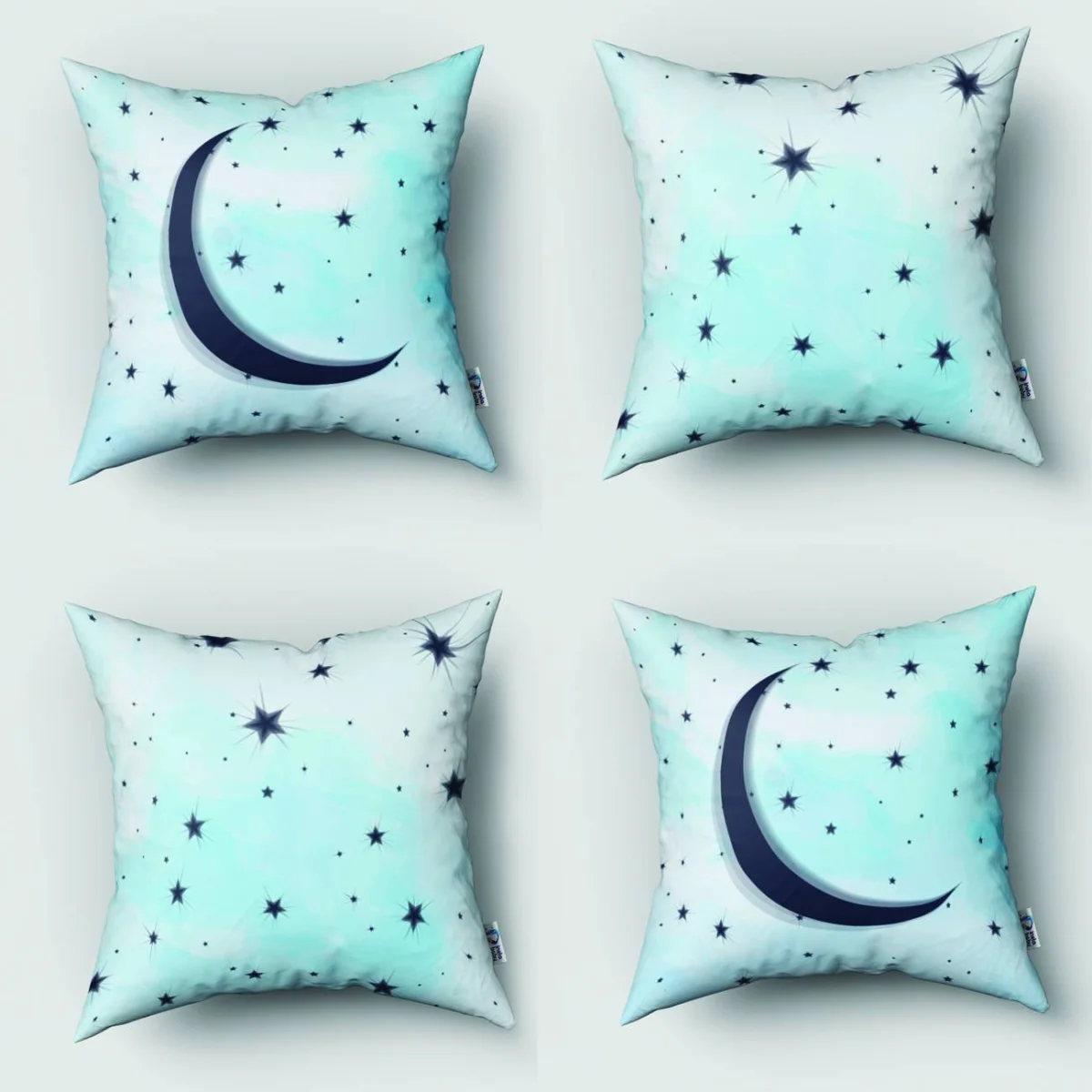 Ay ve Yıldızlar 4lü Kırlent | Mavi yıldızlar, ay Desenli