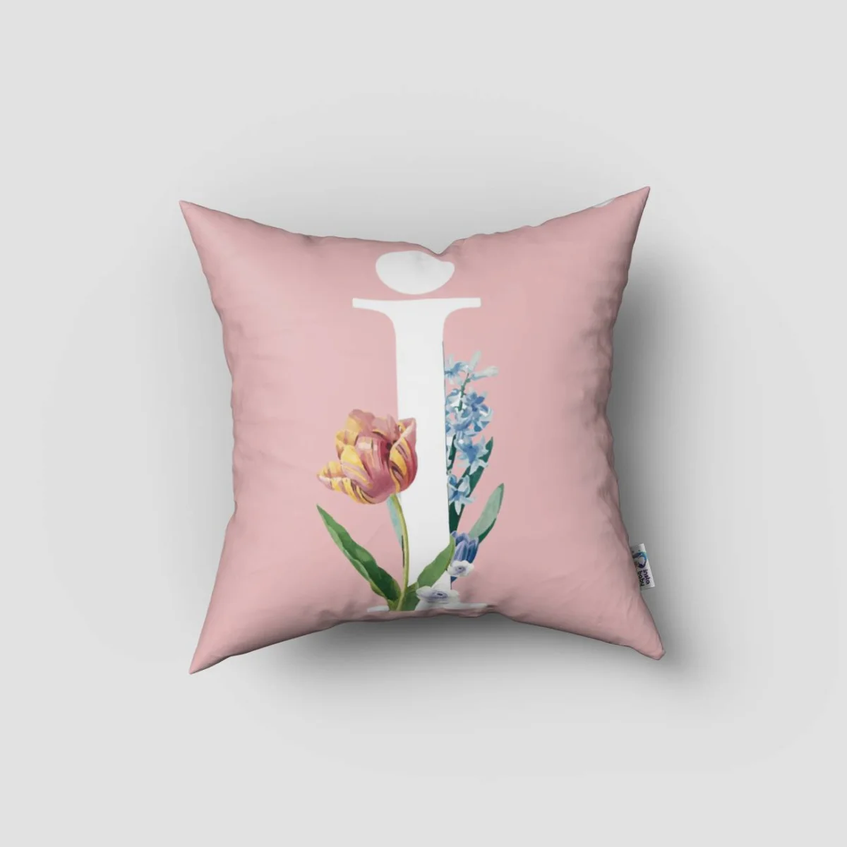Çiçekli Harf Kırlent Kılıfı | Pembe lale, sümbül ve çeşitli çiçekler Desenli