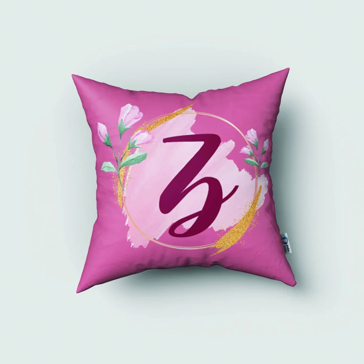 Kişiselleştirilmiş harf ve çiçekler Kırlent Kılıfı | Pembe Altın ışıltı, suluboya fırça darbesi D...