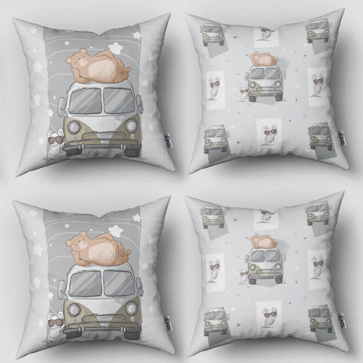 Ayı ve Fare Karakterleri, Karavan 4lü Kırlent | Açık Mavi yıldızlar, dalgalı çizgiler Desenli