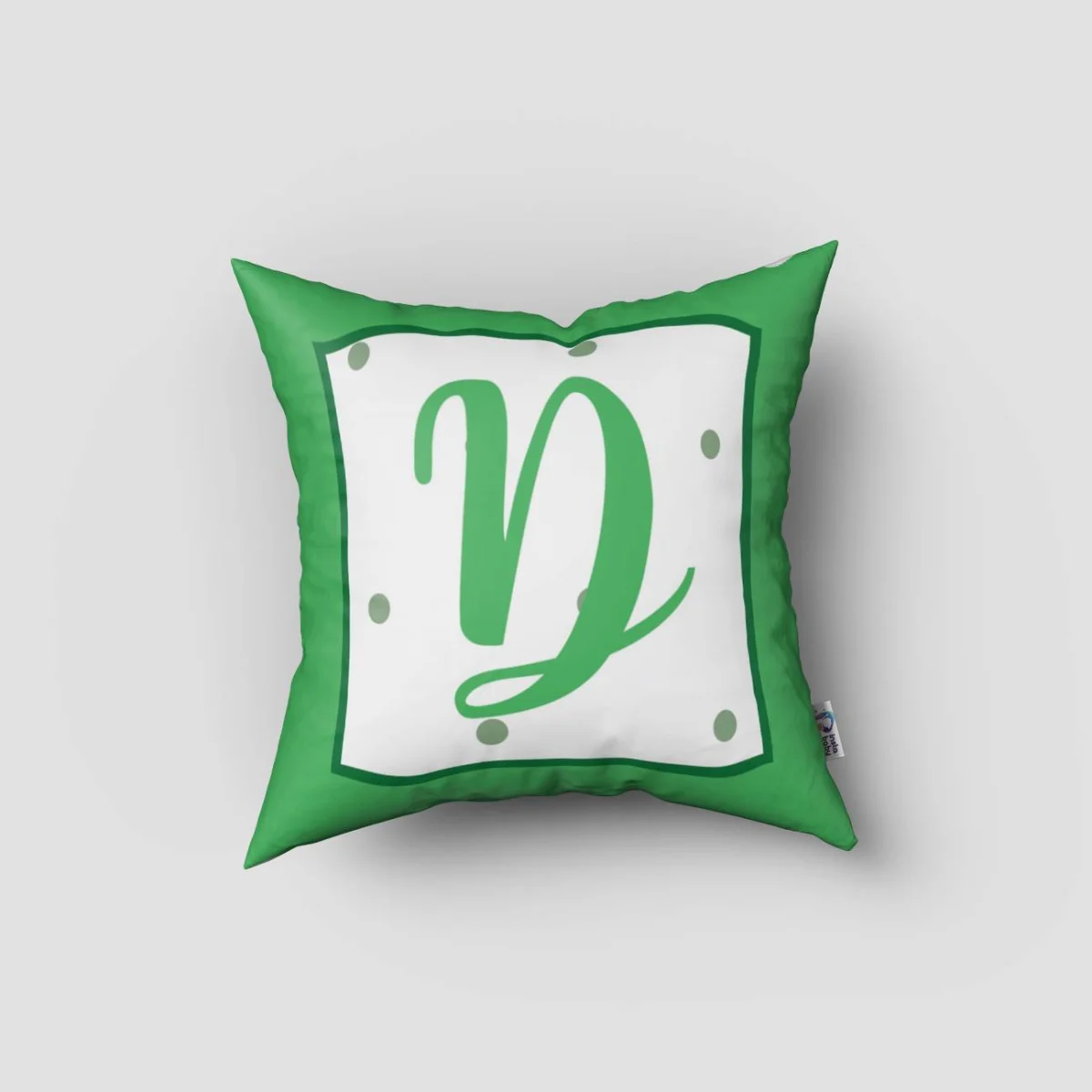 Monogram Kırlent Kılıfı | Beyaz yeşil puantiyeler, büyük yeşil harf Desenli