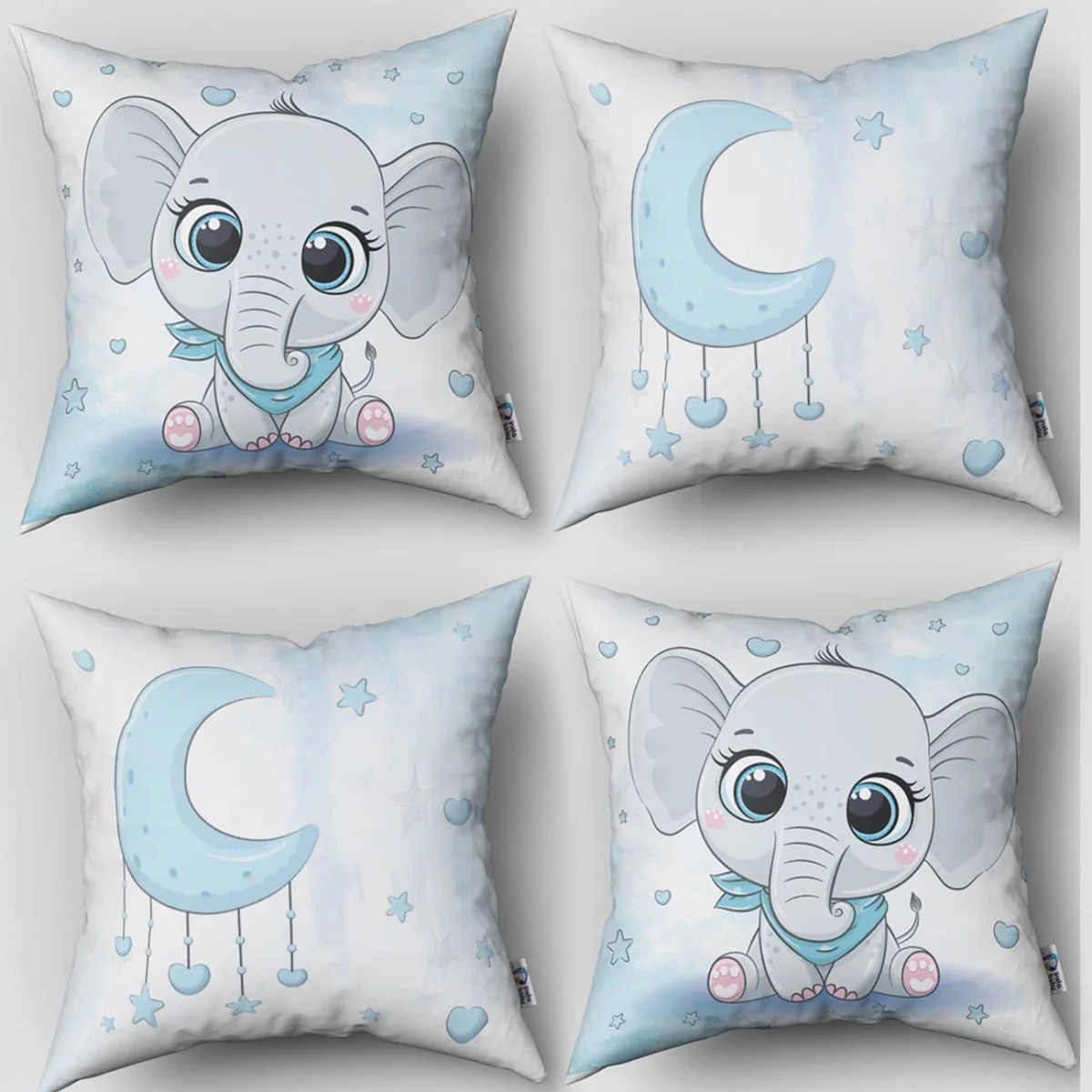 Fil, Ay ve Yıldızlar 4lü Kırlent | Beyaz yıldız, ay Desenli