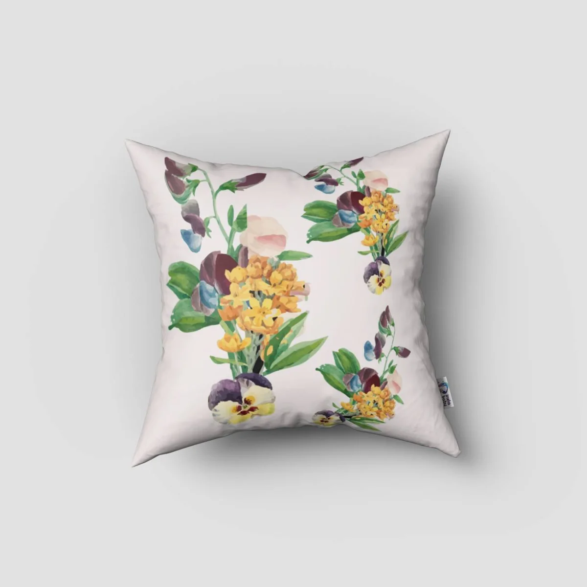 Çiçekli Harf Kırlent Kılıfı | Beyaz siyah F harfi, rengarenk çiçekler Desenli