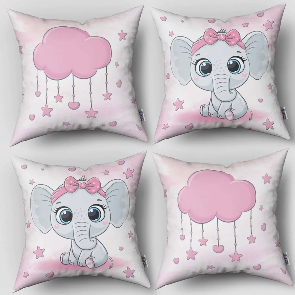 Fil 4lü Kırlent | Pembe yıldız, bulut Desenli